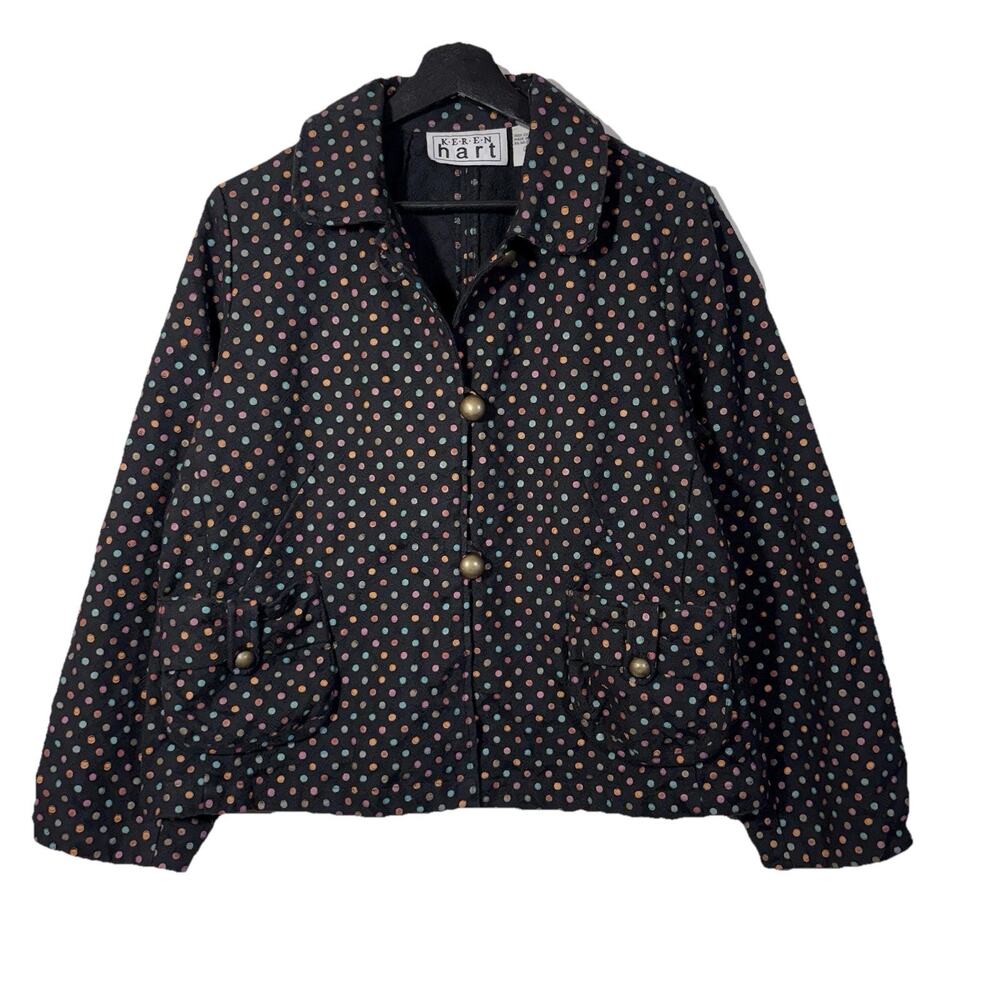 Polka Dot Jacket Black Cotton Vintage Keren Hart Medium Jewel Tone Pockets